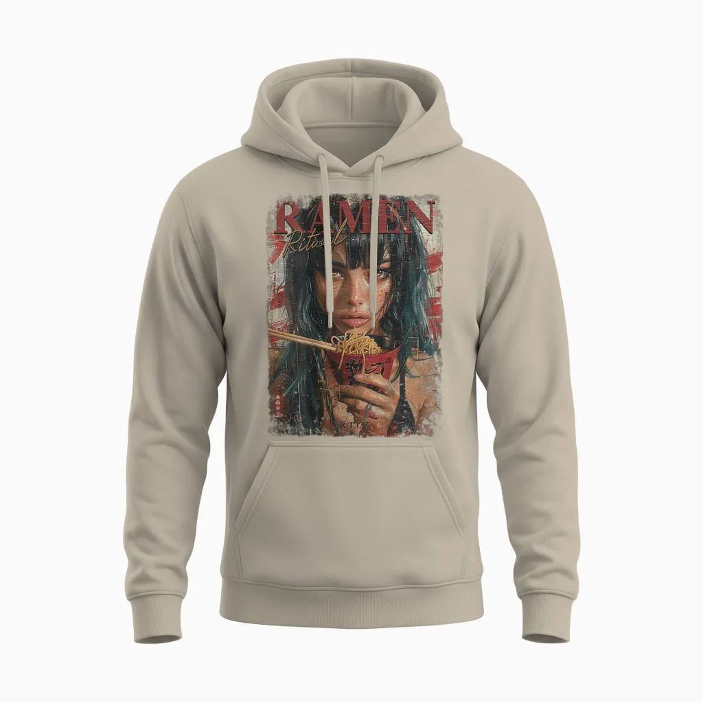 Backprint Pin-Up Girl Ramen Noodle Anime Manga Asian Ramen T-Shirt, Black Unisex Hoodie in Sand