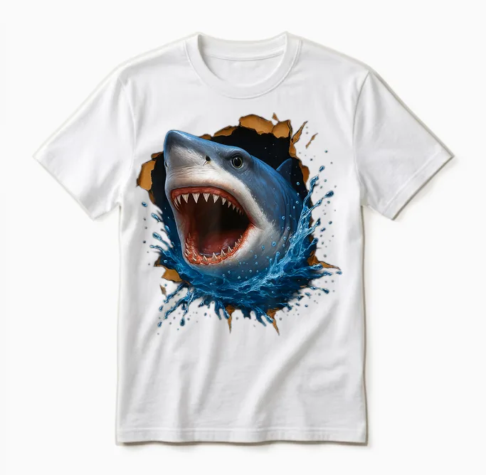 Toller Weißer Hai, Zerrissener Stoff, Lustige 3d-Grafik Unisex T-Shirt in White