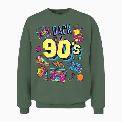 Men Women Children Vintage Retro Back to 90's Graphic Design T-Shirt, Black Unisex Sweatshirt - Military Green