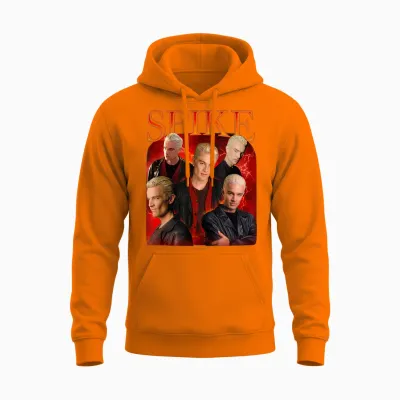 Buffy the Vampire Slayer Iconic Spike 90's Collage Poster T-Shirt, Black, S Unisex Hoodie - Safety Orange