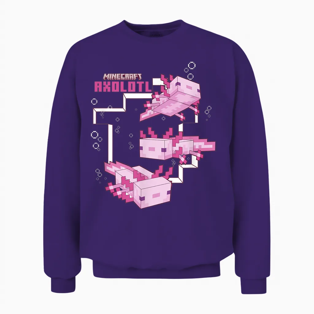 Minecraft Pink Axolotl Pond Unisex Sweatshirt in Purple