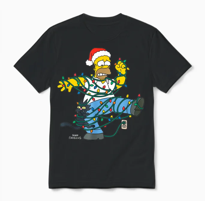 The Simpsons Holiday Homer Simpson Christmas Lights Tangle Unisex T-Shirt in Black