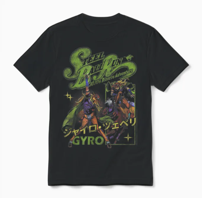 Steel Ball Run Gyro Distressed Kanji Collage Anime Unisex T-Shirt in Black