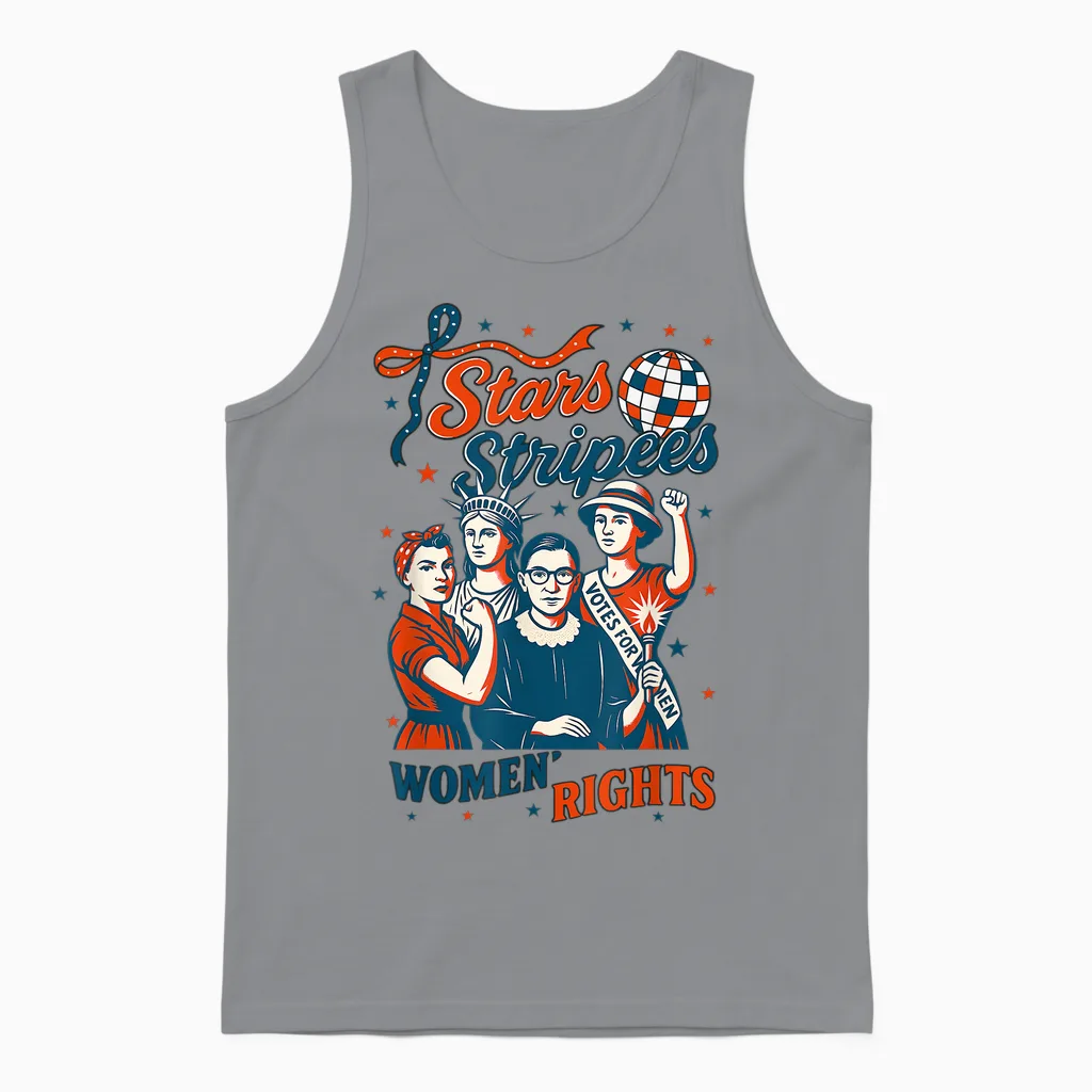 Hugvyn 4th of July Feminist Stars Stripes and Women's Rights Unisex Tank Top in Sport Grey