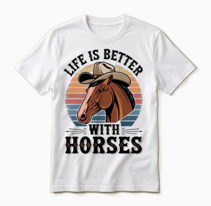 Life Is Better with Horses, Retro Horse Lover Unisex T-Shirt in White