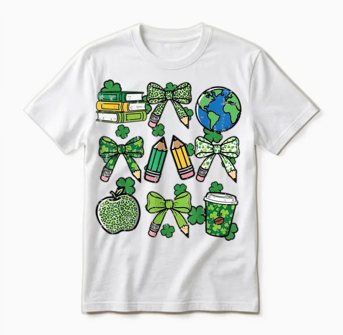 St Patricks Day Teacher Pencil Bow Saint Pattys Women Men Unisex T-Shirt in White