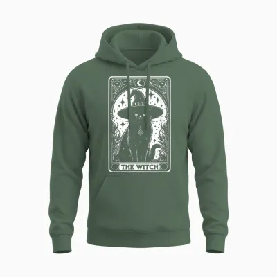 The Witch Cat Halloween Vintage Gothic Tarot Card T-Shirt, Black Unisex Hoodie - Military Green