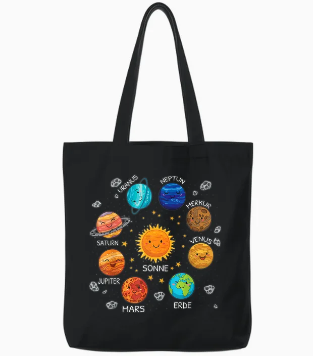 Sonnen System Mit Jupiter Pluto Und Mars - Klassisches, Wissenschaftliches T-Shirt Mit V-Ausschnitt Und Kurzarm - Unisex, Schwarz, S Tote Bags in Black