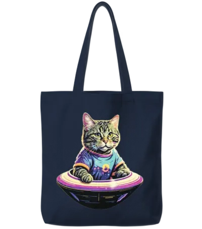 Retro Ufo Cat Tote Bags - Navy