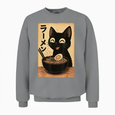 Cat Ramen - Japan Anime T-Shirt, Black, S Unisex Sweatshirt - Sport Grey