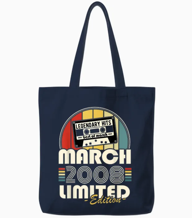 Vintage Birthday 18 Years Born in March 2008 Boys Girls Tote Bags in Navy