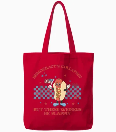 Funny Hot Dog Democracy's Collapsing 4th July Protest Trump Tote Bags - Red