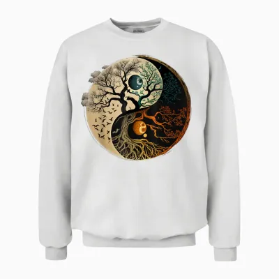 Spiritual Yin Yang Buddhist Tree of Life T-Shirt, Black Unisex Sweatshirt - White