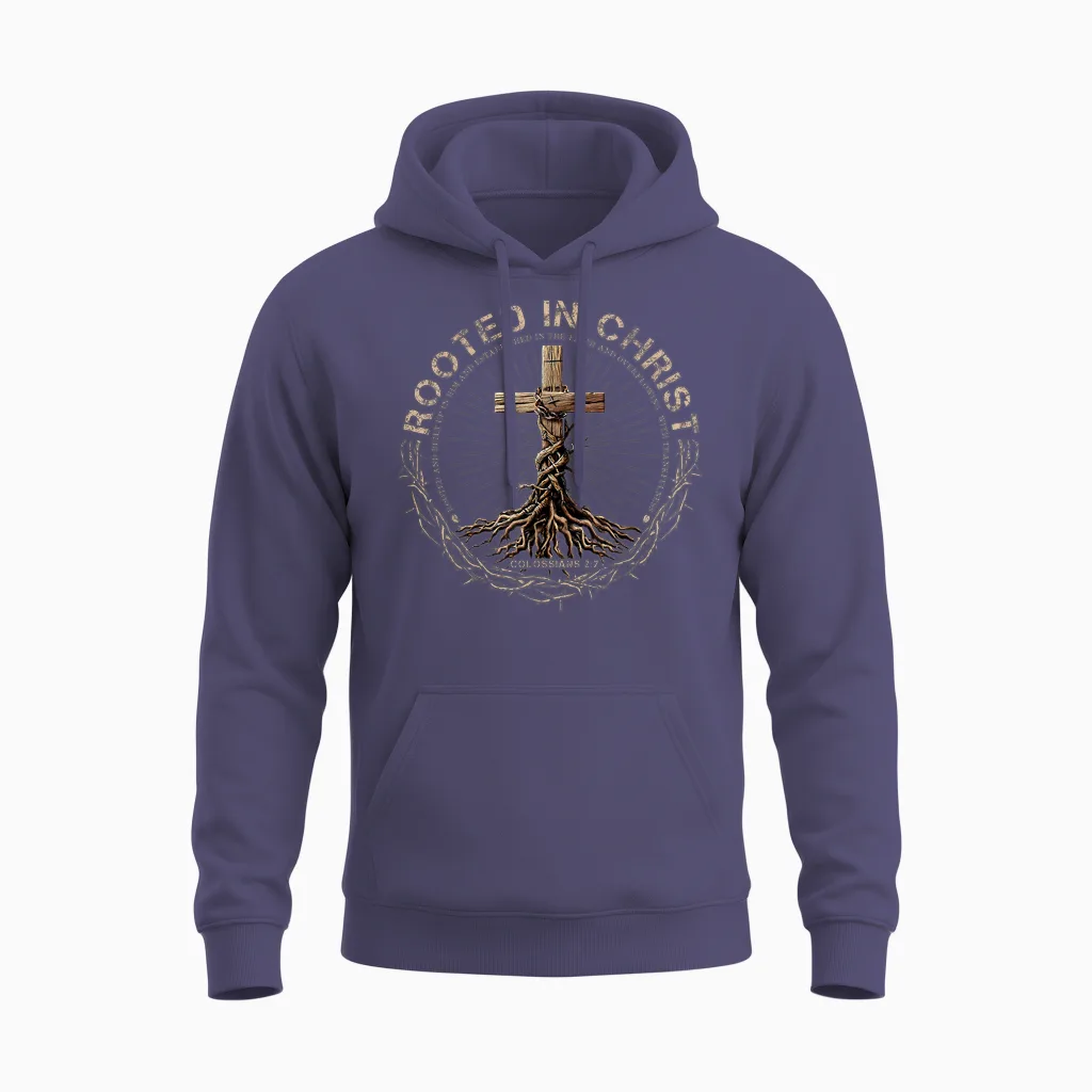 Rooted in Christ Shirt, Jesus Shirt, Vintage Cross Christian Unisex Hoodie in Heather Sport Dark Navy