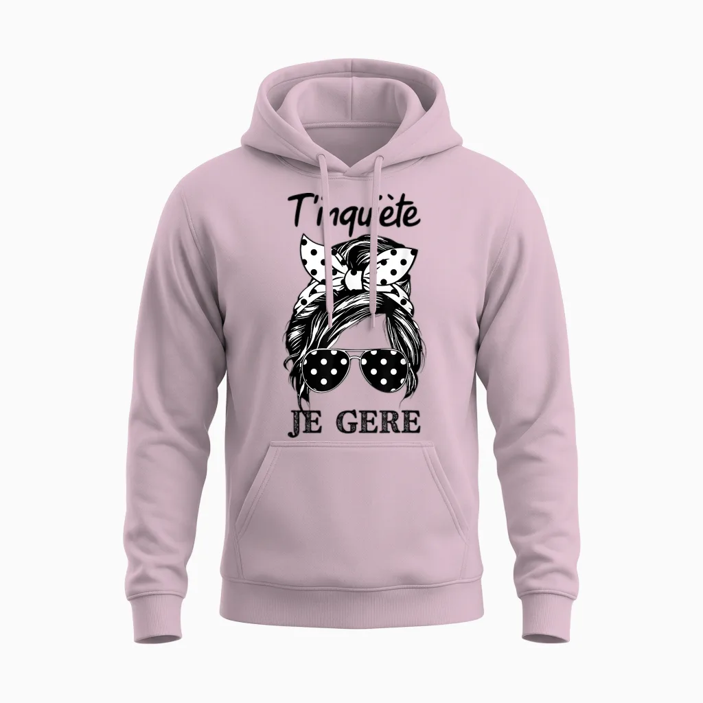 T'worry Je Gère Humour Cat Kawaii Unisex Hoodie in Light Pink