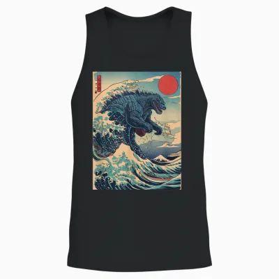 Kaiju Monster Japanese Style Art Great Wave off Kanagawa Unisex Tank Top - Black