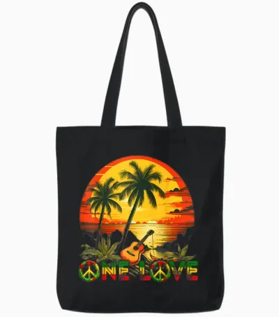 Rasta Reggae Sunset Guitarist Guitar Jamaica Reggae Music T-Shirt, Black Tote Bags - Black
