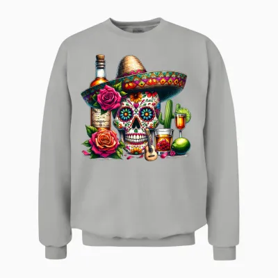 Mexican Skull Hat Tequila Guitar Cinco De Mayo Unisex Sweatshirt - Ash