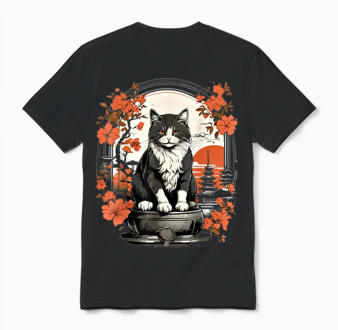 Japanische Katze, ästhetisch, Herren, Damen, Kinder, Japanischer Stil Unisex T-Shirt in Black