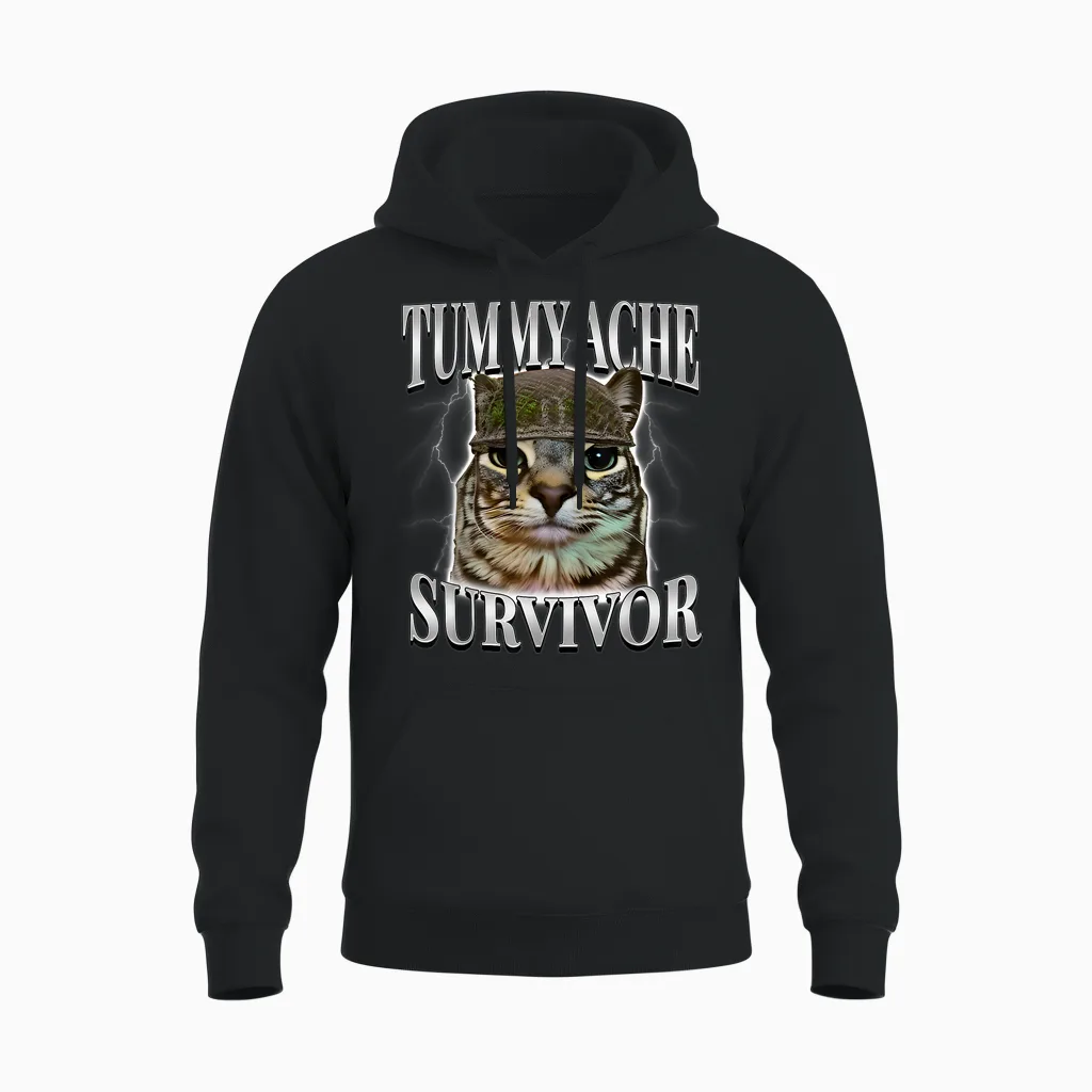 Tummy Ache Survivor Shirt Funny Meme Shirt Funny Cat Humor Unisex Hoodie in Black