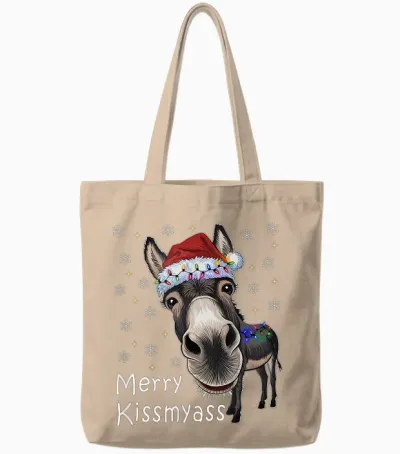 Merry Kissmyass Donkey Sarcastic Xmas Funny Christmas Tote Bags - Natural