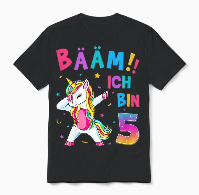 Children's 5th Birthday Girl 5 Years Old Dancing Funny Unicorn T-Shirt, Black Unisex T-Shirt in Black