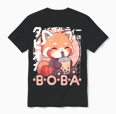 Red Panda Boba Tee Kawaii Bubble Tea Red Panda Anime Neko T-Shirt, Black Unisex T-Shirt - Black