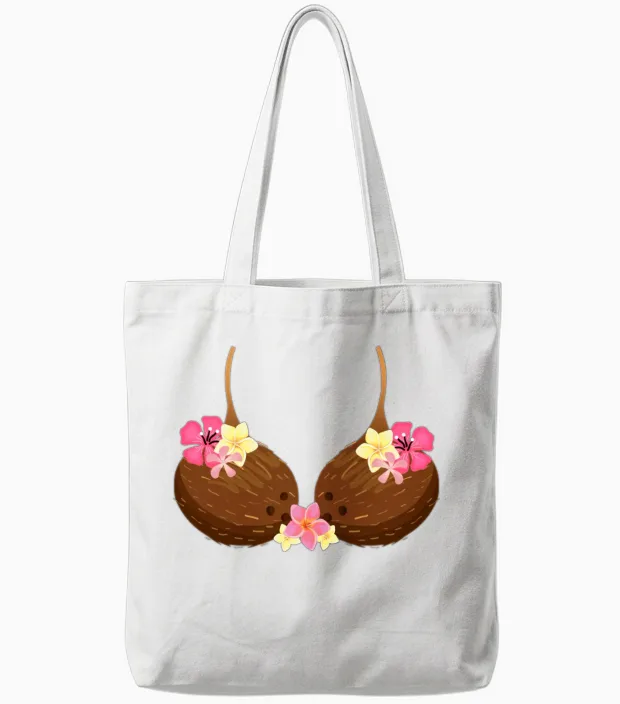 Funny Coconut Bra with Hawaiian Tropical Flowers Tote Bags in White