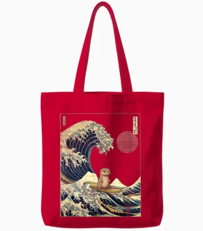 Kanagawa Otter Wave Funny Surf Animal T-Shirt, Black, S Tote Bags - Red