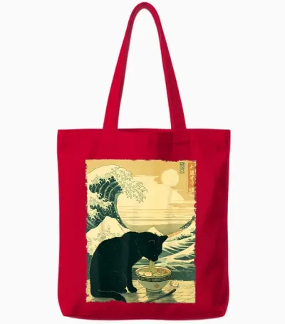 Funny Cat Ramen Great Wave off Kanagawa Illustration Anime Cat Tote Bags - Red