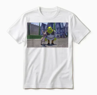 Shrek Iconic Donkey & Shrek Photo Scene Big Chest Poster T-Shirt, Black Unisex T-Shirt - White