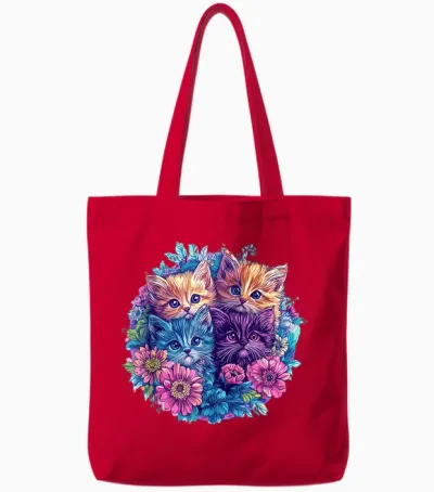 Chats Mignons Entourés De Fleurs Vibrantes Tote Bags - Red