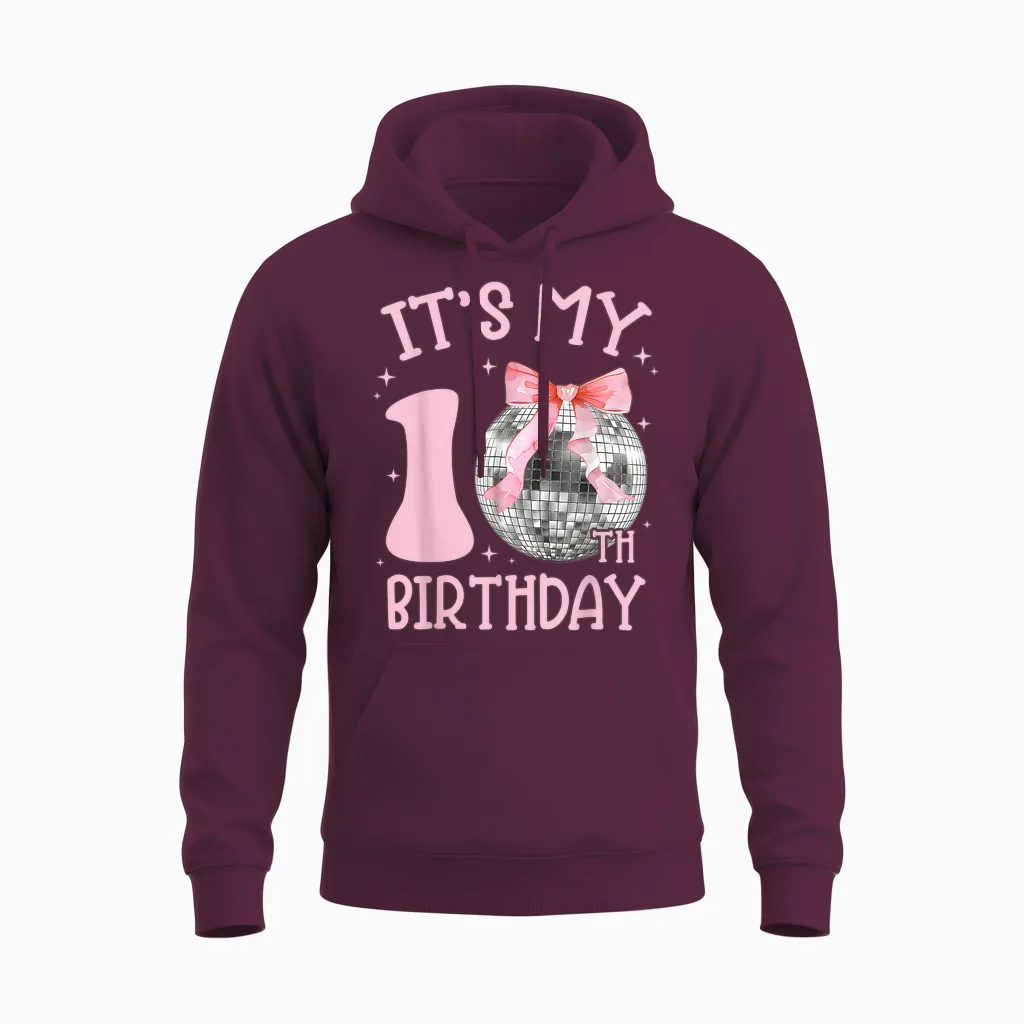 10th Birthday Coquette Bow Disco Ball 10 Year Old Birthday Unisex Hoodie in Maroon
