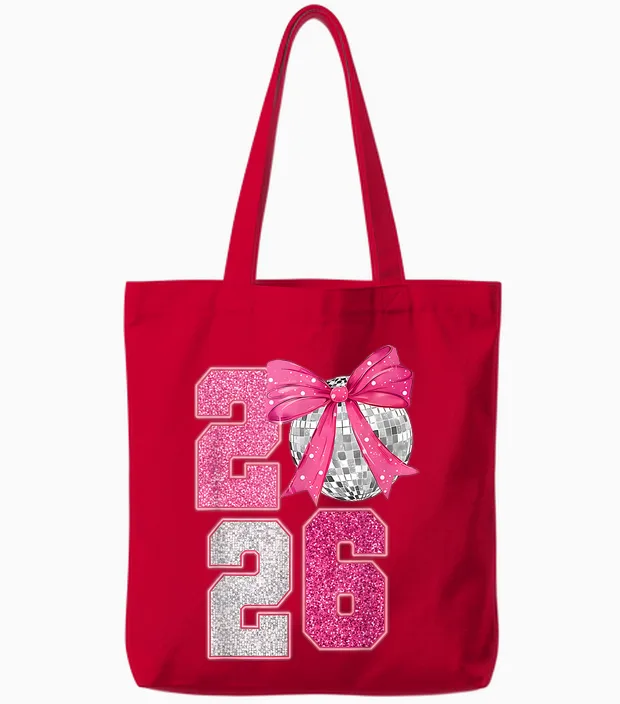 Happy New Year 2026 Disco Ball Pink Coquette Bow Family Tote Bags in Red