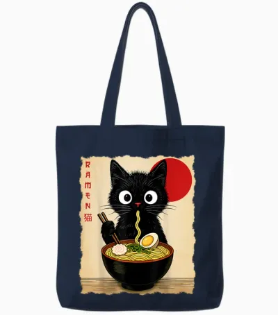 Anime Cat Ramen Japanese Funny Cat Graphic Tees Anime Gifts Tote Bags - Navy