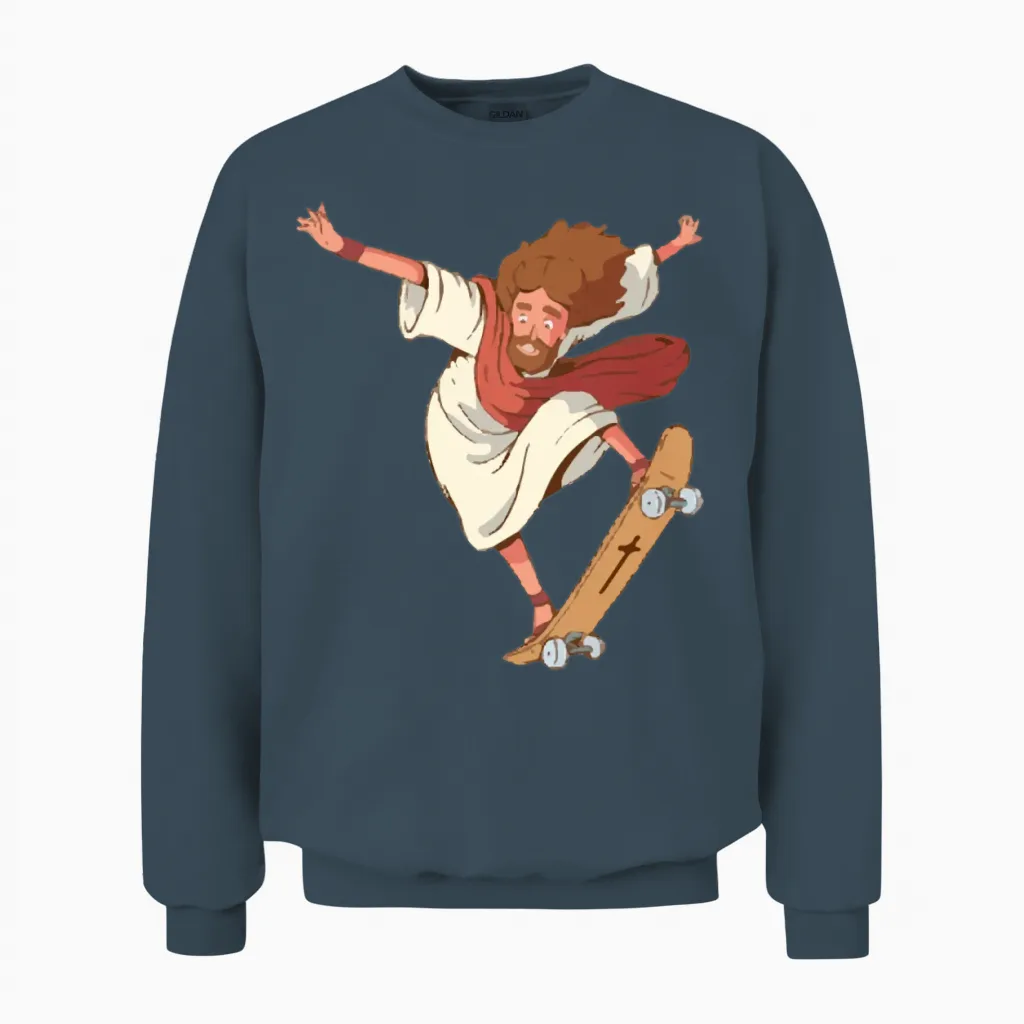 Jesus Skateboarding Funny Skateboard Unisex Sweatshirt in Dark Heather