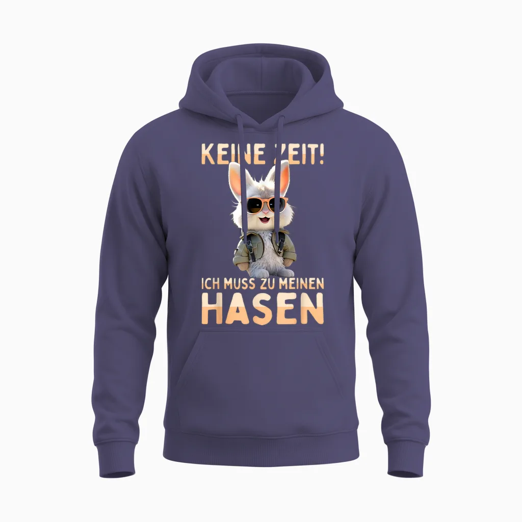 T-Shirt with German Text "hase Kaninchen Bunny Keine Zeit Ich Muss Zu Meinen Hasen, Black Unisex Hoodie in Heather Sport Dark Navy