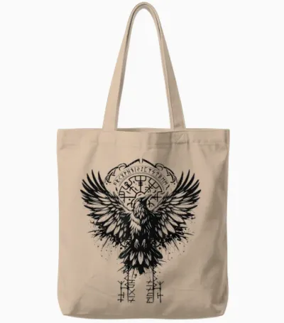 Valhalla Raven Raven Odin Runes Nordic Compass Viking T-Shirt, Grey, S Tote Bags - Natural