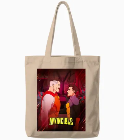 Invincible Omni-Man & Mark Face to Face Poster T-Shirt, Black, S Tote Bags - Natural