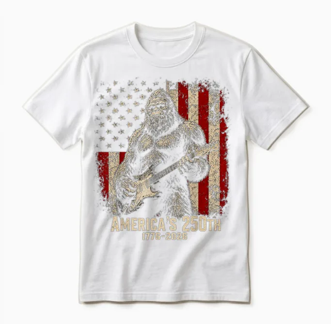 Bigfoot Sasquatch Playing Guitar 250 Years American Usa Unisex T-Shirt in White