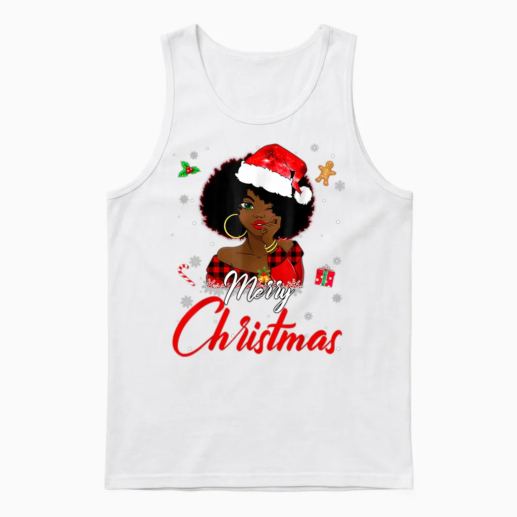 Black African Girl American Melanin Christmas Santa Hat Xmas Unisex Tank Top in White