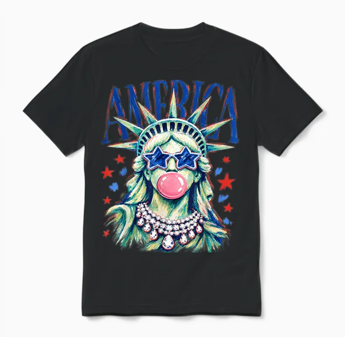 Brushstroke Statue of Liberty Blowing Bubble Gum 4th of July Unisex T-Shirt in Black
