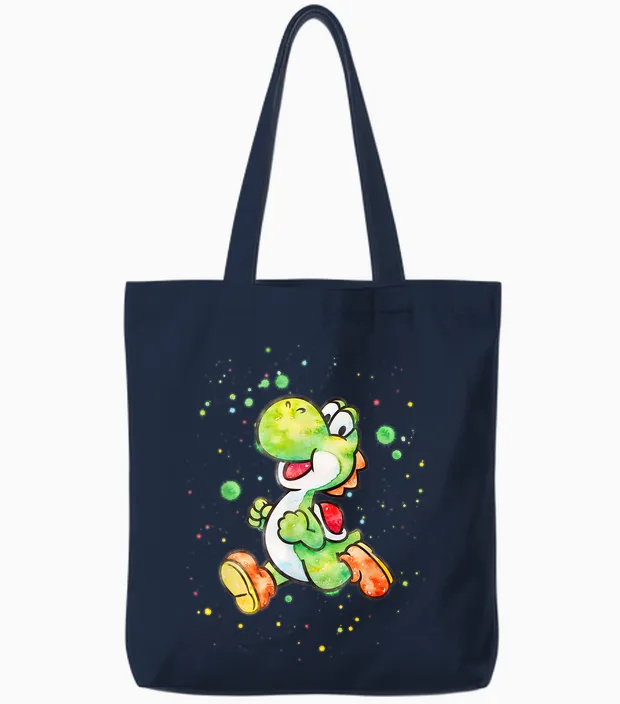 Super Mario Yoshi Watercolor Splatter Portrait Tote Bags in Navy