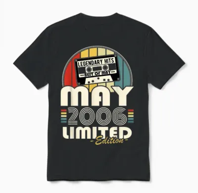 Vintage Anniversaire 20 Ans Née En Mai 2006 Garçons Filles Unisex T-Shirt - Black