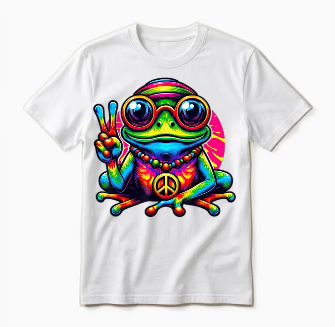 Batik-Hippie-Frog Peace Sign 70s 60s Party T-Shirt, Black, S Unisex T-Shirt in White