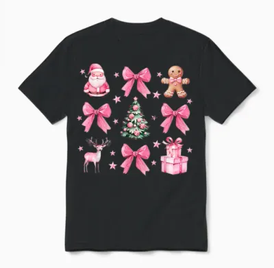 Cute Coquette Bow Pink Christmas Tree Santa Gingerbread Xmas Unisex T-Shirt - Black