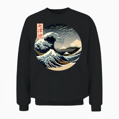 The Great Wave Kanagawa Japanese Streetwear Long Sleeve, Black, S Unisex Sweatshirt - Black