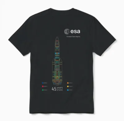 Esa European Space Agency 45 Years Ariane 1-6 Rocket 1979-2024 Unisex T-Shirt - Black