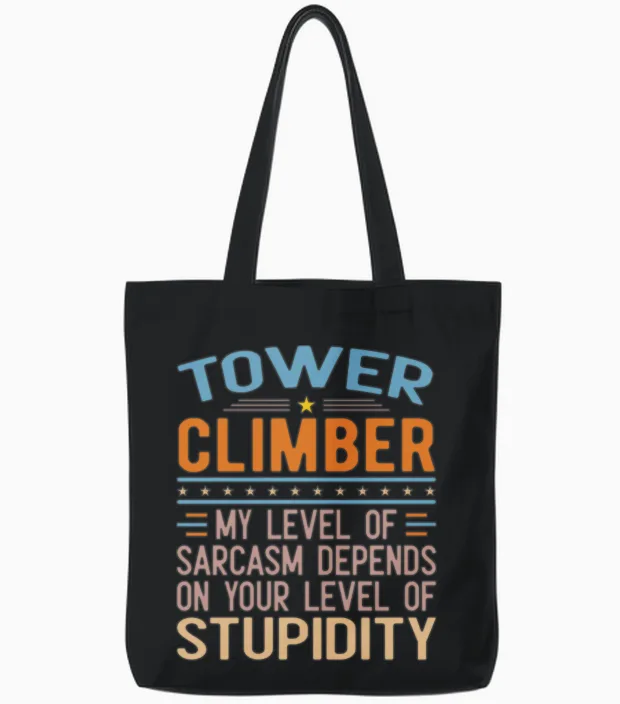 Funny Tower Climber Tote Bags in Black
