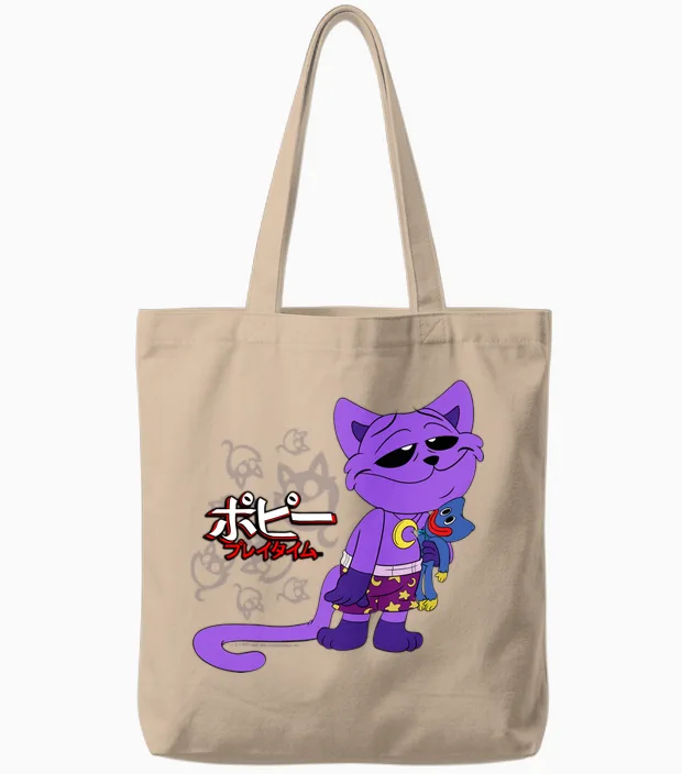 Poppy Playtime Sleepy Catnap Huggy Wuggy Peluche Texte Japonais Manche Longue Tote Bags in Natural